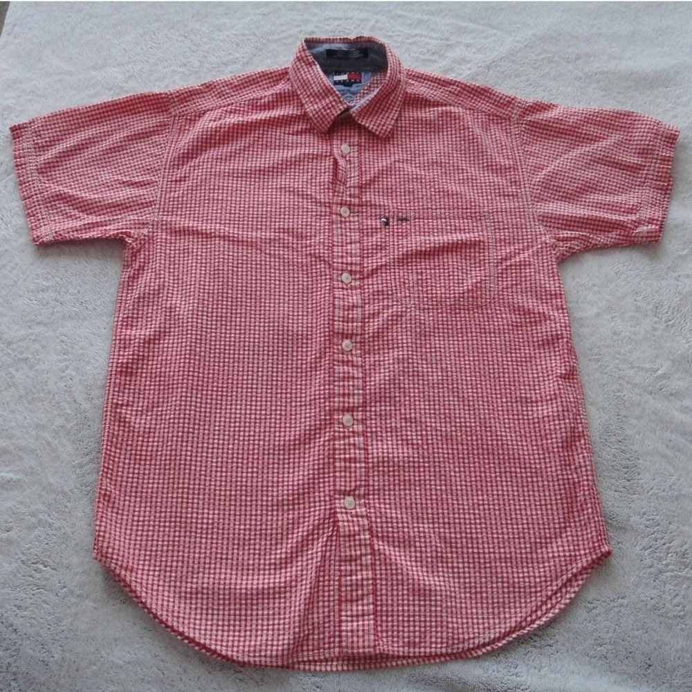 Tommy Jeans Men's Medium Red White Gingham Short Sleeve Button Down Shirt Cotton